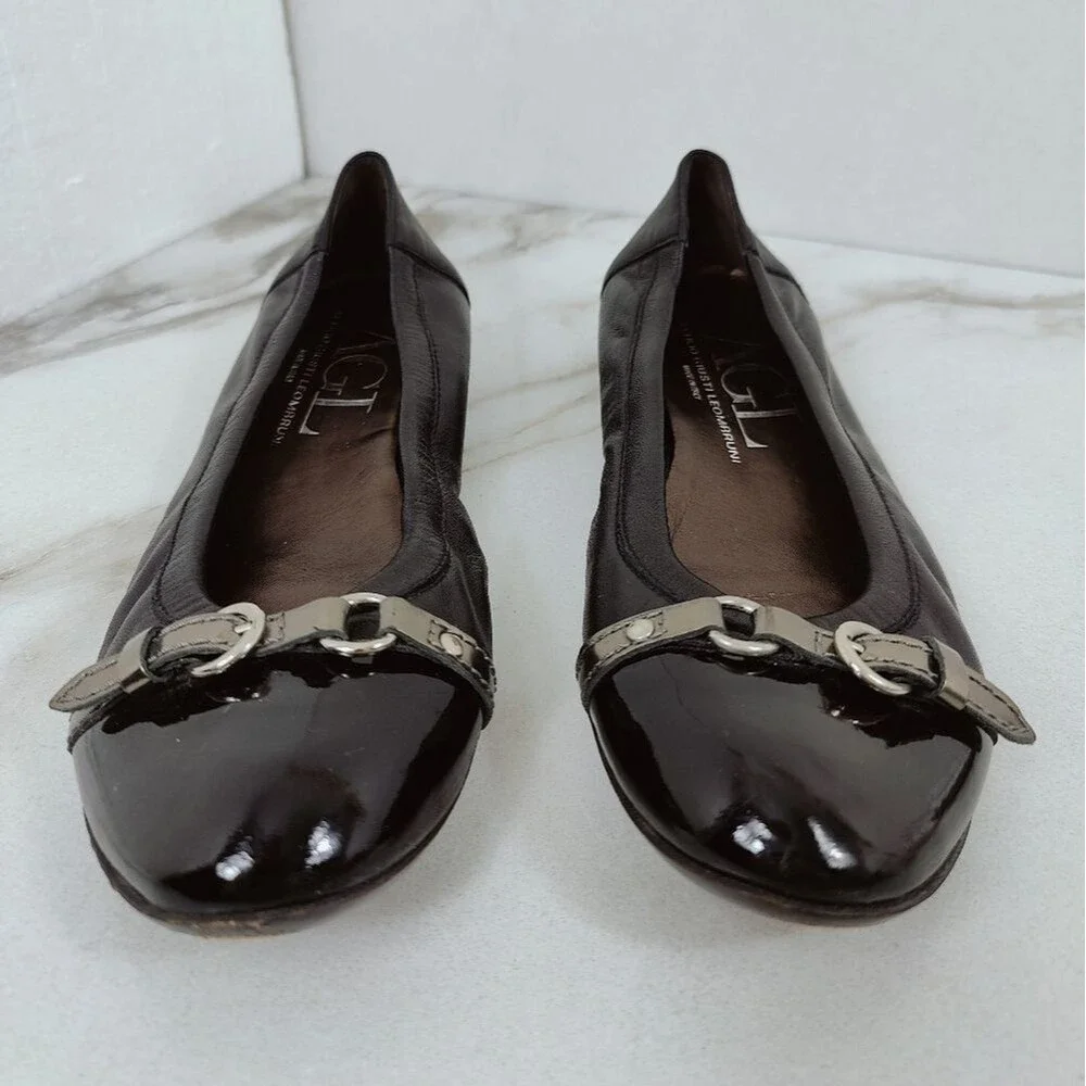 AGL Attilio Giusti Leombruni Black Patent Leather Cap Toe Ballet Flats, 9.5
